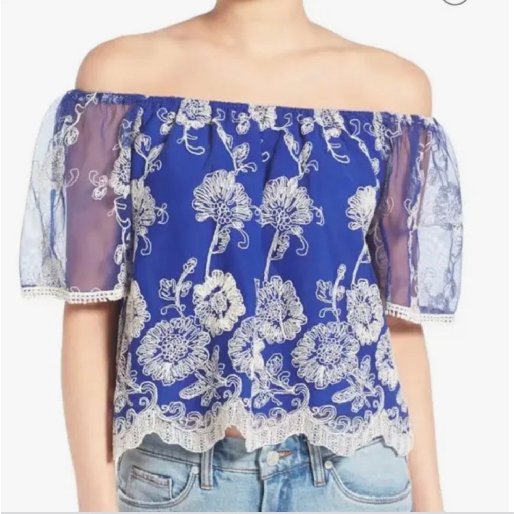 Lovers + Friends Blue Embroidered Blouse